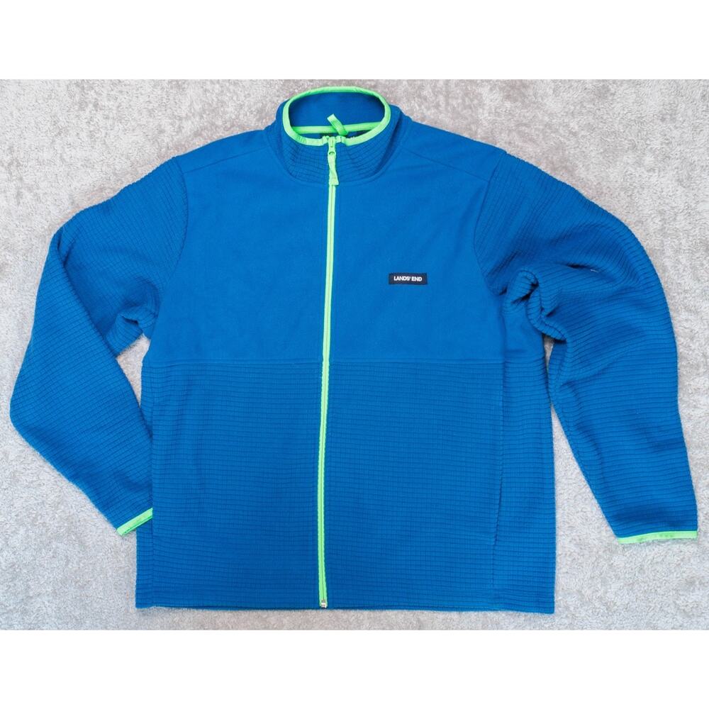 Lands End Blue and Green Full Zip Grid Fleece Jacket Mens Size L NWT